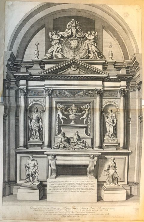 Gravure in-folio représentant le mausolée d’Henri II de Montmorency érigé par sa veuve, Marie-Félice des Ursins, dans l’église Saint-Joseph du monastère de la Visitation de Moulins (1649-1655), par le sculpteur François Anguier et/ou son atelier, 1658 (Bibliothèque de l’INHA, Va 3.t.3, Allier Moulins). Gravure in-folio représentant le mausolée d’Henri II de Montmorency érigé par sa veuve, Marie-Félice des Ursins, dans l’église Saint-Joseph du monastère de la Visitation de Moulins (1649-1655), par le sculpteur François Anguier et/ou son atelier, 1658 (Bibliothèque de l’INHA, Va 3.t.3, Allier Moulins).